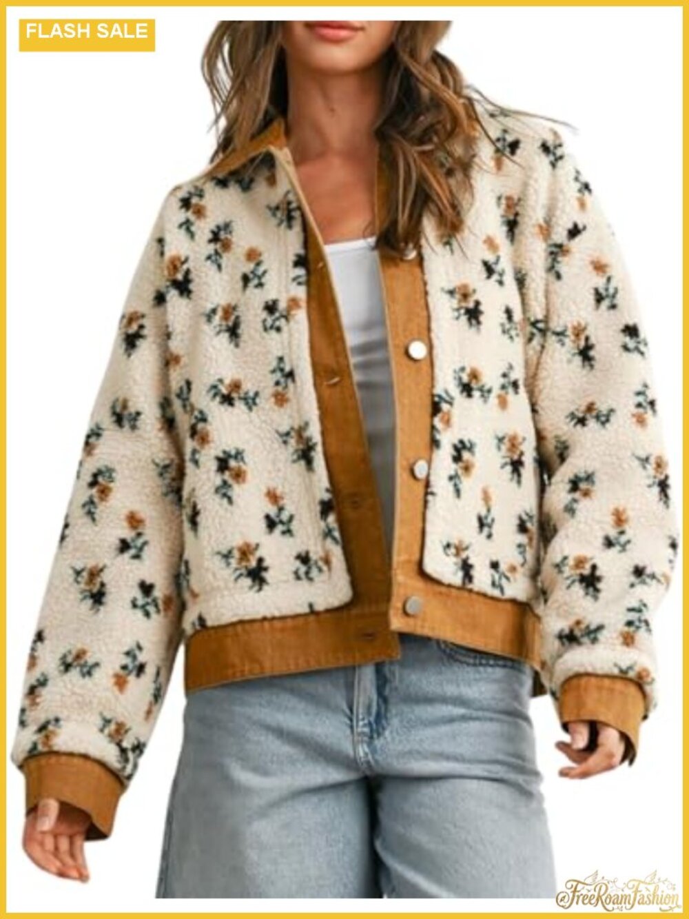 Women's Floral Sherpa Jacket Open Front Denim Collar Fleece Oversized Outerwear